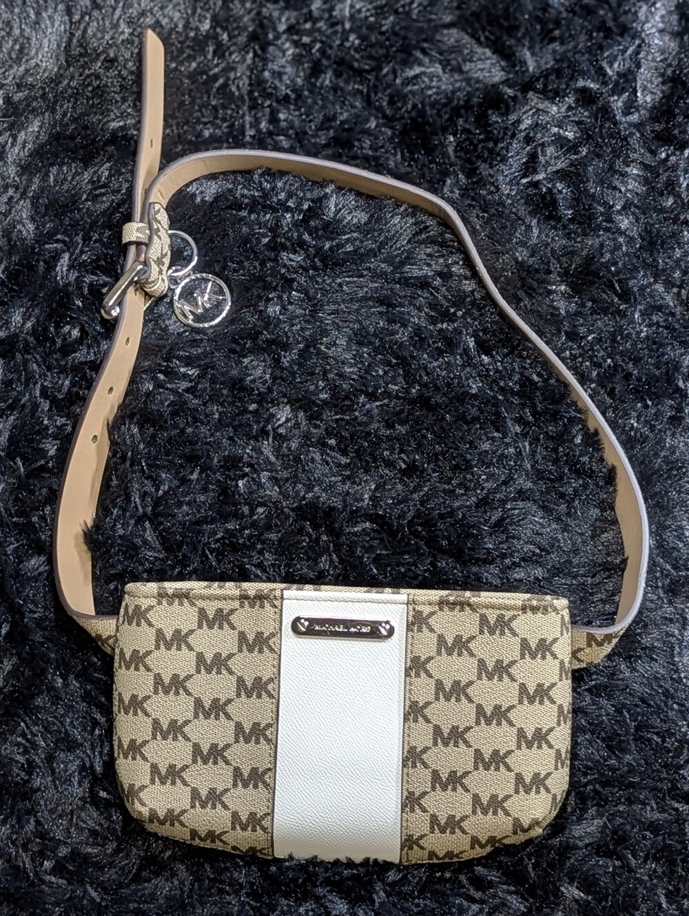 Michael Kors Signature MK Monogram White Center Stripe Belt Bag Waist Pack Purse
